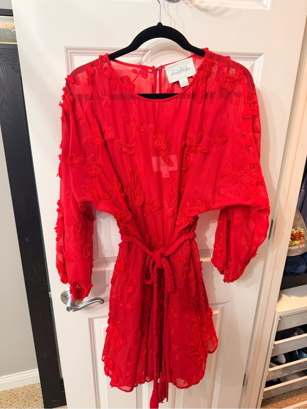 Bright Red Long-Sleeve Embroidered Tie-Waist Dress
